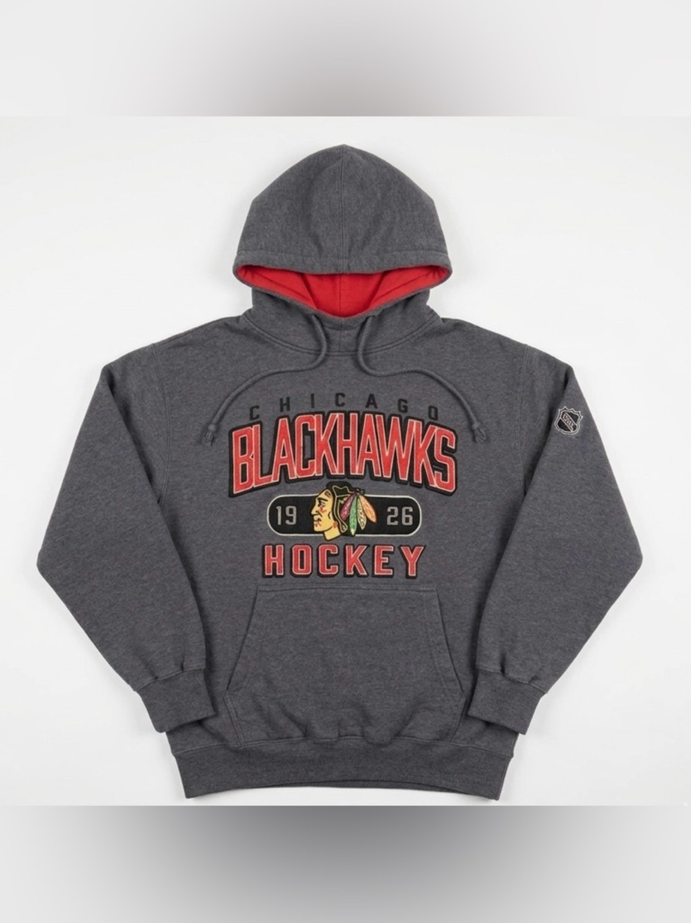 Old Time Chicago Blackhawks NHL Hockey Hoodie Large Gray Embroidered Logo 1926